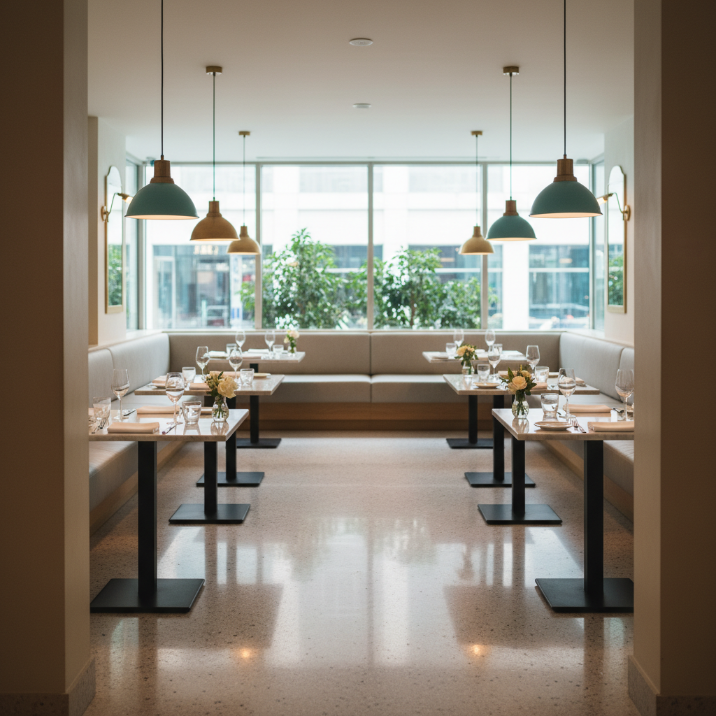 Sauberes Restaurant-Interior mit teal Akzentbeleuchtung